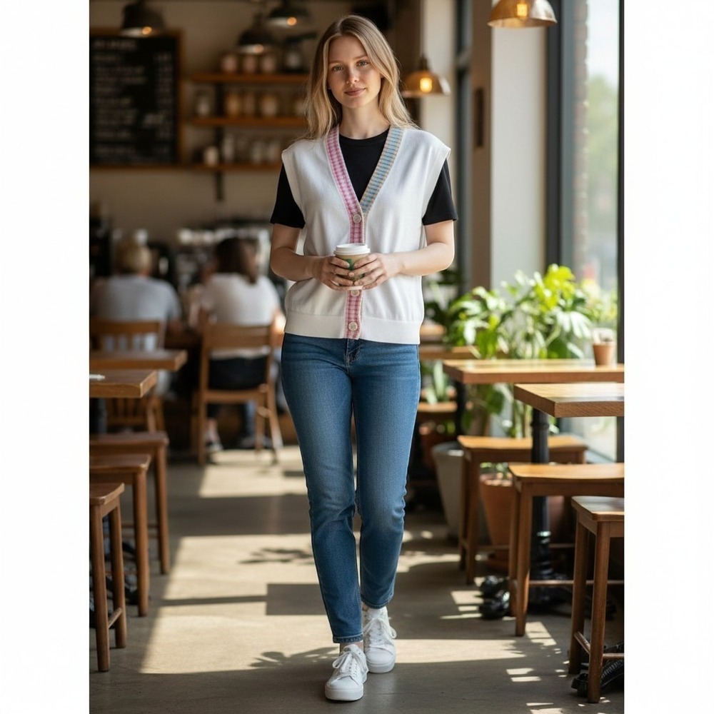 Chinti & Parker White Knit Cardigan Vest Asymmetric Striped Trim large